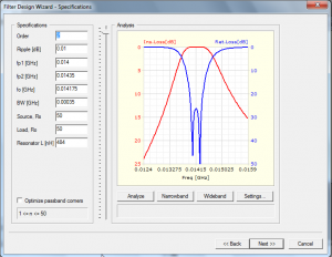 Figure 6 - Ansoft designer - Paramètres du filtre Figure 6 - Ansoft designer - Paramètres du filtre